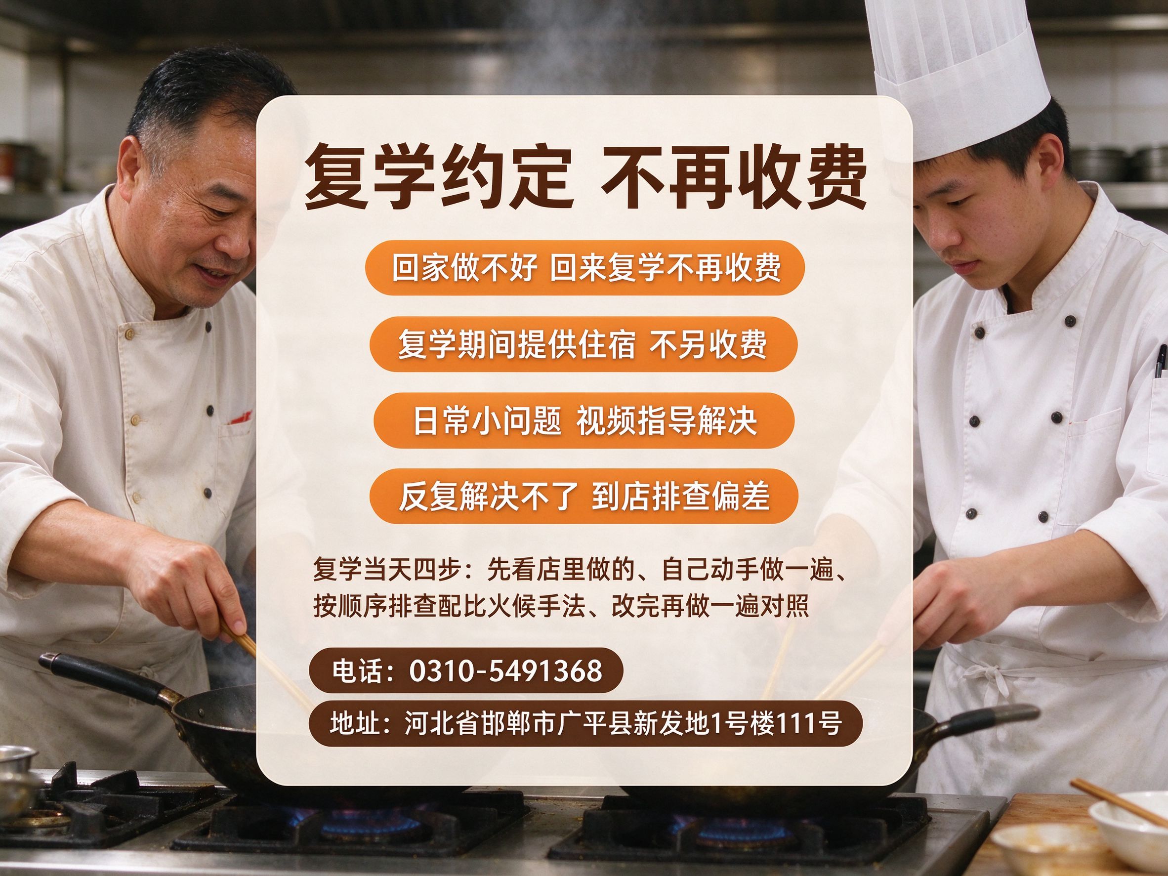 广平孙大妈复学约定说明:回家做不好回来复学不再收费,复学期间提供住宿不另收费,日常小问题视频指导,反复解决不了到店排查偏差,复学当天先看再做后排查再做一遍